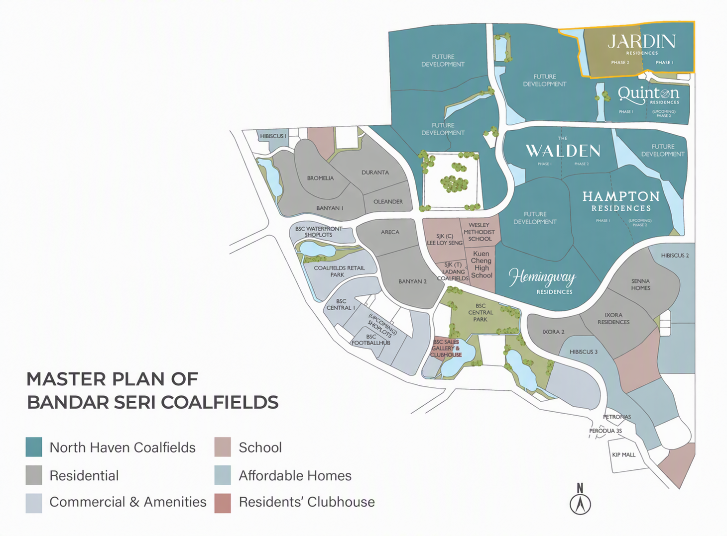 Bandar Seri Coalfields · 总规划图 — Jardin highlighted; Kuen Cheng High School label